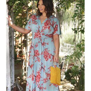 Kiyonna Maxi Dress Women 3X Vienna Floral Faux Wrap Stretchy Empire Waist 057